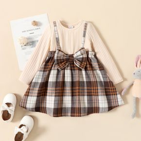 Toddler Girl Faux-two Plaid Splice Bowknot Design Long-sleeve Dress