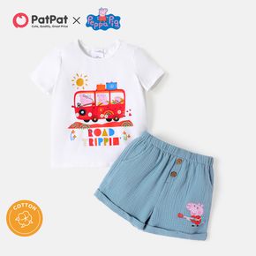 Peppa Pig 2pcs Toddler Girl/Boy Vehicle Print Short-sleeve Cotton Tee and Blue Cotton Shoorts Set