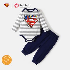 Superman 2-teiliges Baby-Baumwoll-Langarm-Strampler mit gestreifter Grafik und einfarbiges Hosen-Set