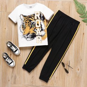 2pcs Kid Boy Letter Animal Tiger Print Short-sleeve Tee and Striped Pants Set