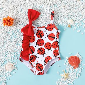 Baby Girl Allover Ladybug Print Bow Front Ruffle Trim One-Piece Swimsuit