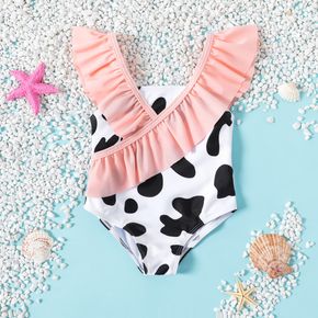 Baby Girl Ruffle Trim Spliced Cow Print One-piece Swimsuit