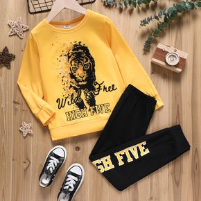 2pcs Kid Boy Letter Animal Tiger Print Long-sleeve Tee and Black Pants Set