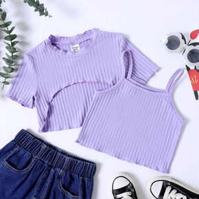 2pcs Kid Girl Lettuce Trim Ribbed Purple Camisole and Crop Top Set