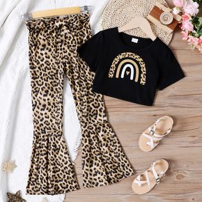 2pcs Kid Girl Rainbow Print Short-sleeve Black Crop Top and Leopard Print Flared Pants Set