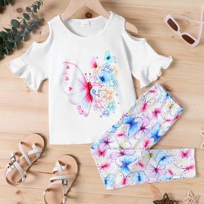 2pcs Kid Girl Butterfly Floral Print Cold Shoulder Short-sleeve White Tee and Allover Print Leggings Set