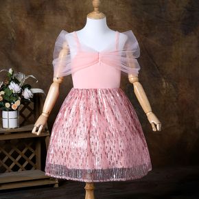 Kid Girl Sequin Bowknot Design Princess Pink Mesh Party Slip Dress