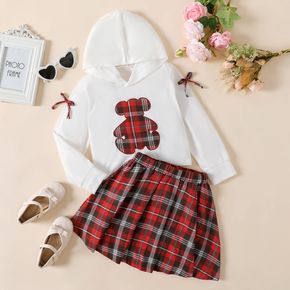 2pcs Kid Girl Bear Embroidered Bowknot Design Hooded Long-sleeve Top Plaid Pleated Skirt Set