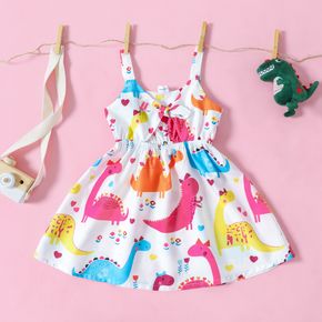 Vestido camisero recortado con diseño de lazo y estampado de dinosaurio colorido para niña pequeña