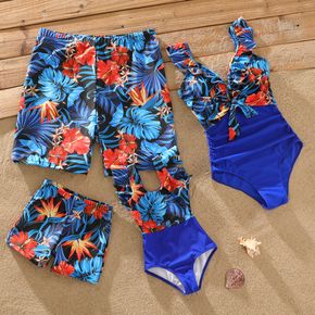 Family Matching Allover Floral Print Spliced Solid One-Piece Swimsuit and Swim Trunks Shorts