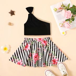 2pcs Toddler Bowknot Design One Shoulder Black Top and Floral Print Stripe Skirt Set