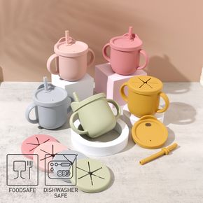 2 in 1 Silicone Snack Cup Kids Silicone Sippy Cup with Straw and 2 Handles Spill Proof Food Container for Toddler Baby