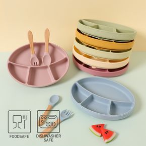 Silicone Toddler Suction Plates with Spoon and Fork Set Kids Divided Dinner Plates Self Feeding Training Safe Kids Dishes Easy to Clean