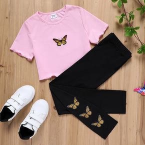2pcs Kid Girl Butterfly Print Lettuce Trim Pink Short-sleeve Tee and Black Leggings Set