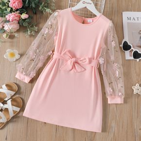Kid Girl Floral Embroidered Belted Mesh Long-sleeve Pink Dress