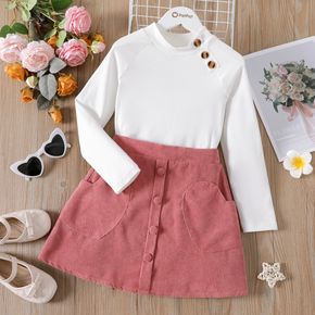 2pcs Kid Girl Button Design Long-sleeve White Ribbed Top and Pocket Design Pink Skirt Set