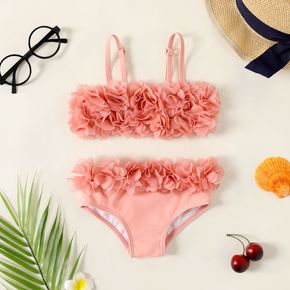 2pcs Baby Girl Swimwear Pink Flower Pom Poms Bikini Set