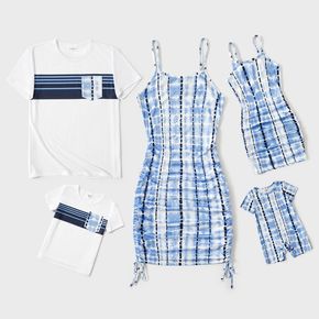 Family Matching Tie Dye Plaid Drawstring Ruched Bodycon Cami Dresses and Short-sleeve T-shirts Sets
