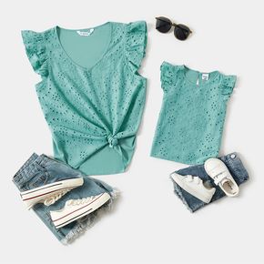100% Cotton Green Eyelet Embroidered V Neck Flutter-sleeve Tops for Mom and Me