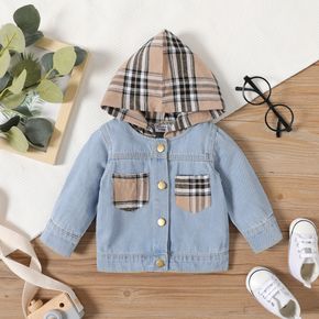 Baby Boy/Girl Plaid Hooded Splicing Denim Long-sleeve Jacket