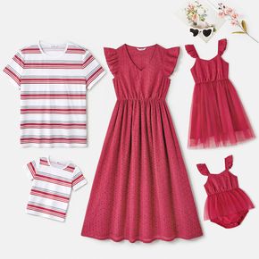 Family Matching 100% Cotton Solid Eyelet Textured Flutter-sleeve Dresses and Striped Short-sleeve T-shirts Sets