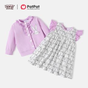 Looney Tunes 2pcs Baby Girl  Cotton Long-sleeve Frill Trim Button Front Cardigan and Allover Print Flutter-sleeve Dress Set