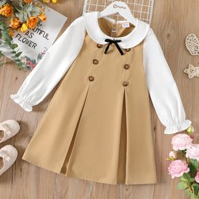 Kid Girl Doll Collar Bowknot Button Design Splice Long-sleeve Khaki Dress