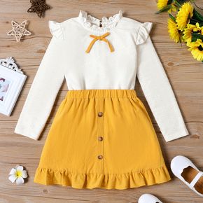 2pcs Kid Girl Ruffle Collar Bowknot Design Hollow out Flutter-sleeve White Top and Ruffled Button Design Skirt Set