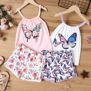 2pcs Kid Girl Butterfly Floral Print Camisole and Elasticized Shorts Set