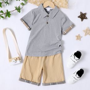 2pcs Kid Boy Plaid Design Short-sleeve Gray Polo Shirt and Elasticized Shorts Set