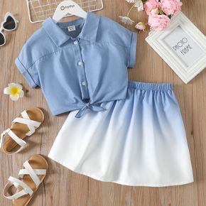 2pcs Kid Girl Lapel Collar Tie Knot Short-sleeve Denim Color Shirt and Gradient Color Skirt Set