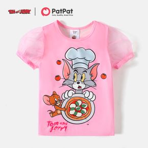 Tom and Jerry Kid Girl Letter Print Mesh Puff-sleeve Pink Tee