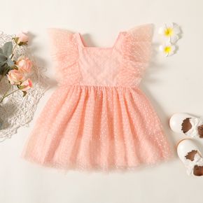 Dress Like Wind Baby Girl Polka Dots Ruffle Decor Mesh Layered Flutter-sleeve Pink Dress