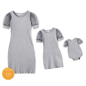 Polka Dot Puff Sleeve Matching Solid Grey Mini Dresses