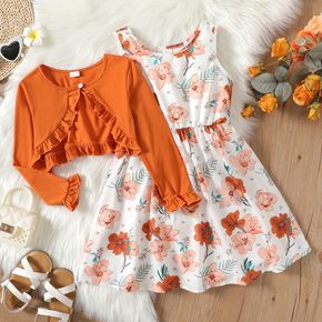 2pcs Kid Girl Floral Print Sleeveless Dress and Ruffled Long-sleeve Orange Cardigan Set