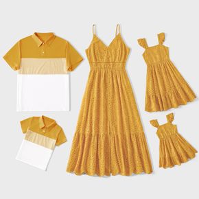 Family Matching 100% Cotton Eyelet Embroidered Cami Dresses and Striped Colorblock Short-sleeve Polo Shirts Sets