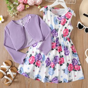 2pcs Kid Girl Floral Print Sleeveless Dress and Long-sleeve Purple Bowknot Design Cardigan Set
