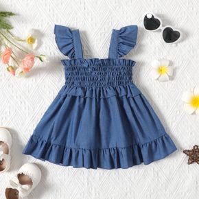 Baby Girl Solid Imitation Denim Ruffle Trim Shirred Flutter-sleeve Dress