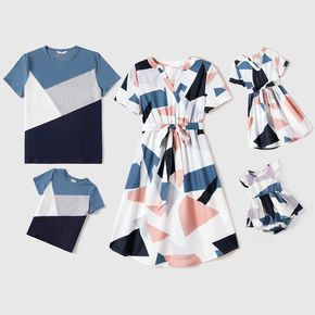 Family Matching Allover Geo Print V Neck Belted Short-sleeve Dresses and Colorblock T-shirts Sets