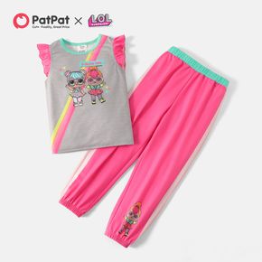 L.O.L. SURPRISE! 2pcs Kid Girl Cartoon Striped Print Flutter-sleeve Tee and Pink Pants Set
