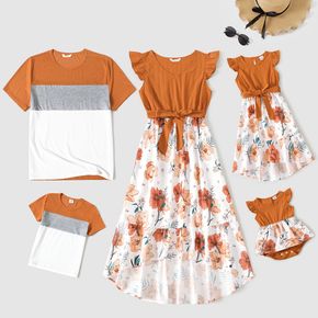 Family Matching Solid Flutter-sleeve Spliced Floral Print Dresses and Colorblock Short-sleeve T-shirts Sets