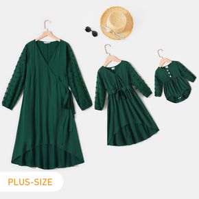 Solid Green V-neck Dots Mesh Splice Long-sleeve Matching Dresses