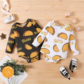 100% Cotton Baby Boy Allover Tacos & Letter Print Long-sleeve Romper