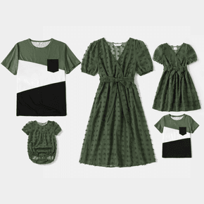 Family Matching Army Green Swiss Dots Cross Wrap V Neck Short-sleeve Dresses and Color Block T-shirts Sets