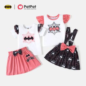 Batman 2pcs Toddler Girl Flutter-sleeve/Ruffled Short-sleeve Tee and Bowknot Design Suspender/ Paperbag Skirt Set