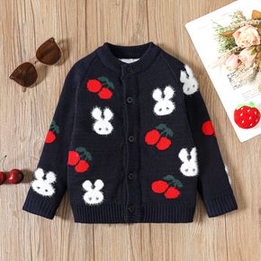 Toddler Girl Cherry Rabbit Pattern Button Design Knit Sweater