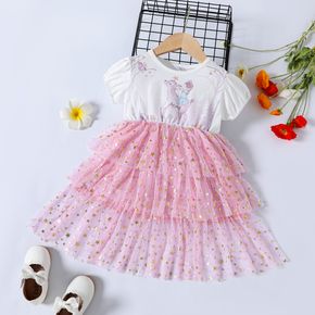 Dress Like Wind Toddler Girl 100% Cotton Deer Print Mesh Layered Short-sleeve Pink or Blue Dress