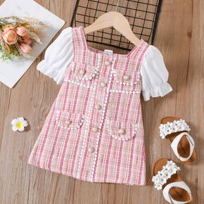 Mini Lady Toddler Girl Tweed Pompon Decor Pearl Button Puff Short-sleeve Pink Dress
