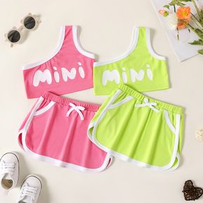 2pcs Baby Girl Contrast Binding Letter Print Rib Knit One Shoulder Tank Crop Top and Shorts Set