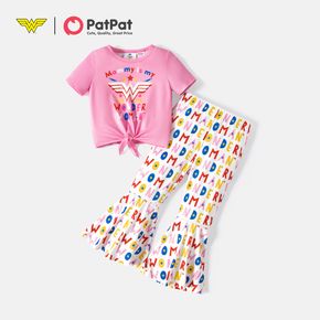 Wonder Woman 2-teiliges Kleinkind-Mädchen-Buchstabendruck-Kurzarm-Rosa-T-Shirt und ausgestellte Hosen mit Allover-Druck